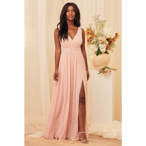 Lulus Thoughts of Hue Blush Surplice Maxi Dress Small Bridesmaid Light Pink - Picture 1 of 16